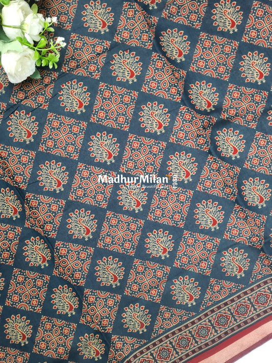AJRAK PRINT KAJU SILK SAREE BLUE