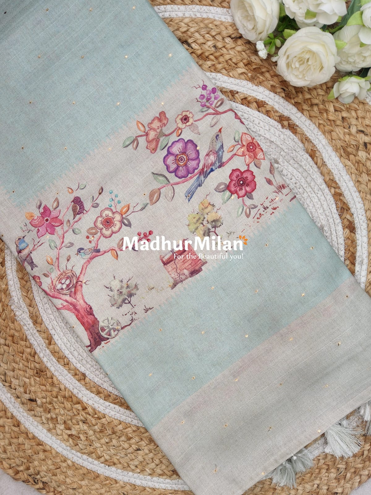 DIGITAL SEMI TUSSER SILK SAREE DUSTY CYAN