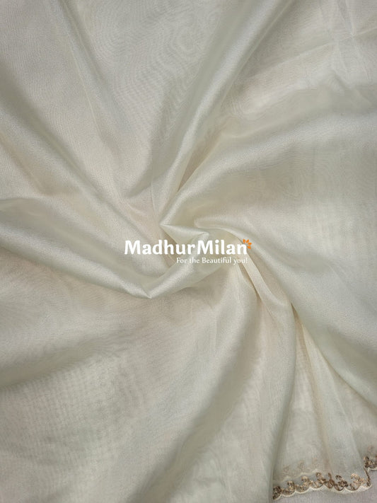 PEACOCK EMBROIDEY WORK TISSUE ORGANZA SAREE CREAM