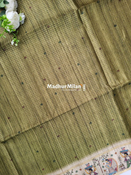 PIN STRIPES DIGITAL SEMI TUSSER SAREE MEHNDI