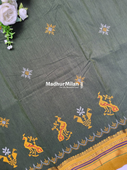 ILKAL PEACOCK KASUTHI WORK SAREE MEHINDI