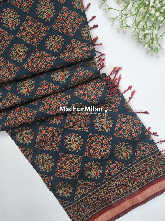 AJRAK PRINT KAJU SILK SAREE BLUE