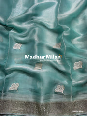 PANKHUDI TISSUE ORGANZA STONEWORK SAREE - DUSTY BLUE