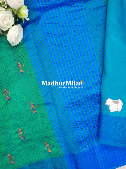 WARLI EMBROIDERY WORK RAW SILK SAREE TEAL