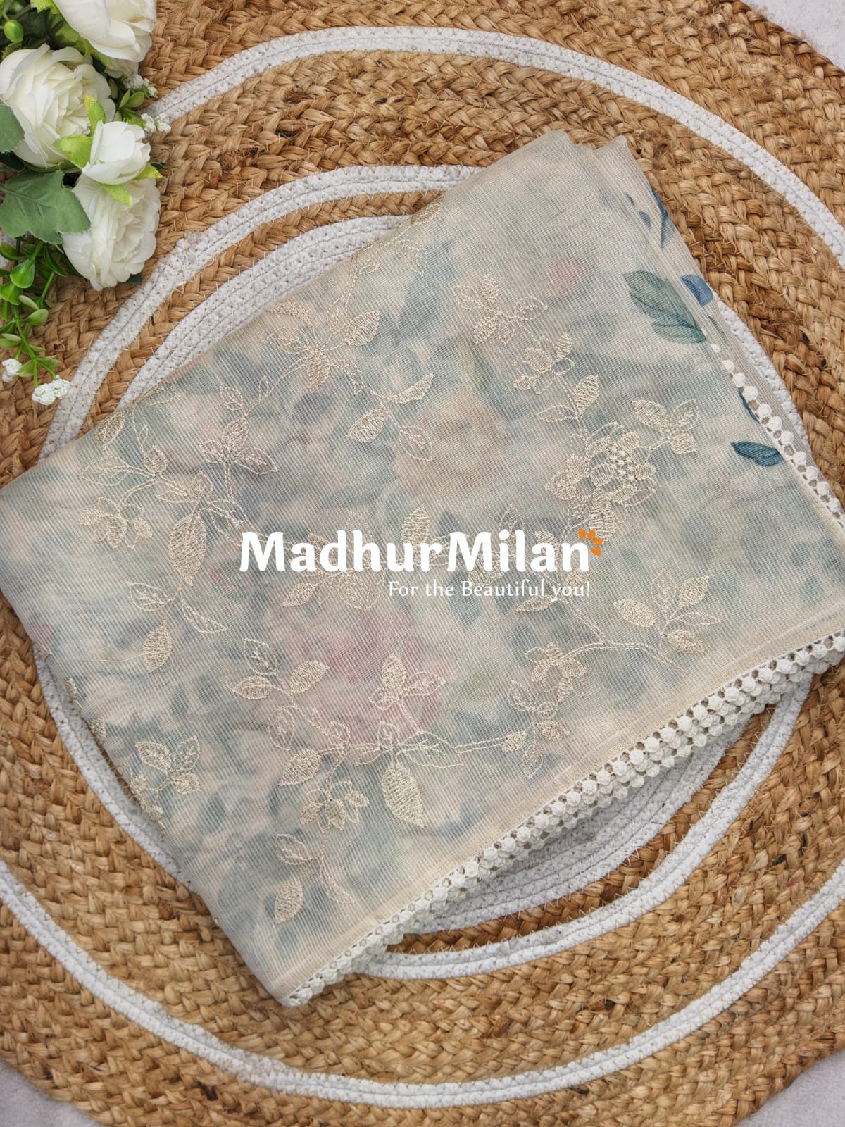 GOLD TISSUE EMBROIDERY WORK SAREE DUSTY RAMA