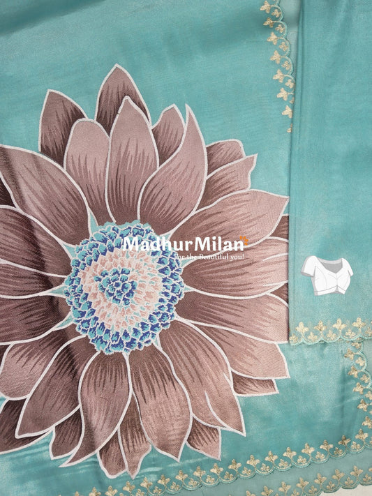 SUNFLOWER EMBROIDEY WORK TISSUE ORGANZA SAREE DUSTY RAMA