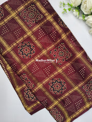 CHECKS AJRAKH PRINT GAJI MODAL SAREE BROWN