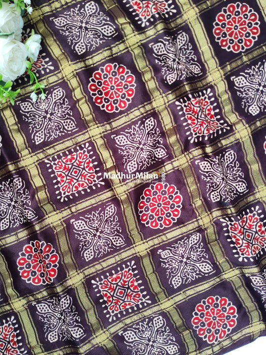 CHECKS AJRAKH PRINT GAJI MODAL SAREE CHOCOLATE BROWN