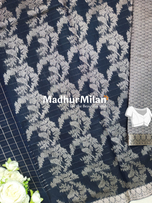 KOVAI MULTY CHECKS BUTTA BORDER SILK COTTON SAREE NAVY BLUE