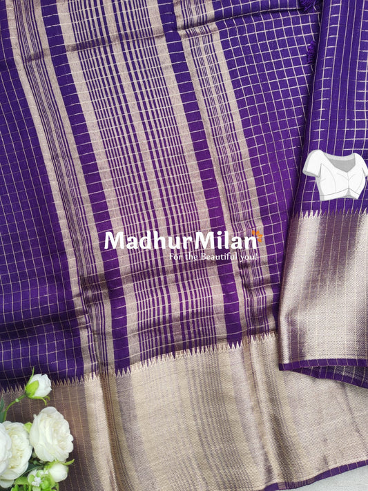 ASSAM SILK MINI CHECKS 7INCH BORDER SAREE PURPLE