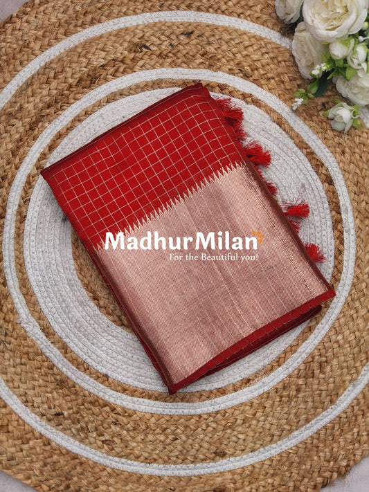 ASSAM SILK MINI CHECKS 7INCH BORDER SAREE RED