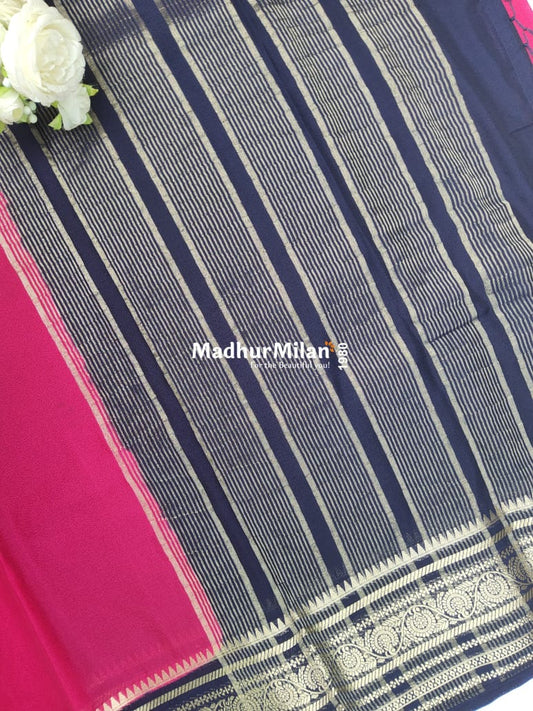 SEMI CREPE SILK SAREE PINK NAVY BLUE