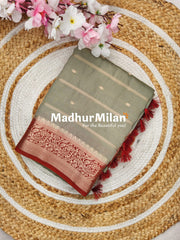 DISPUR SILK SAREE BATTLESHIP GREY RED