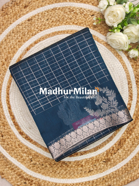 KOVAI MULTY CHECKS BUTTA BORDER SILK COTTON SAREE PRUSSIAN