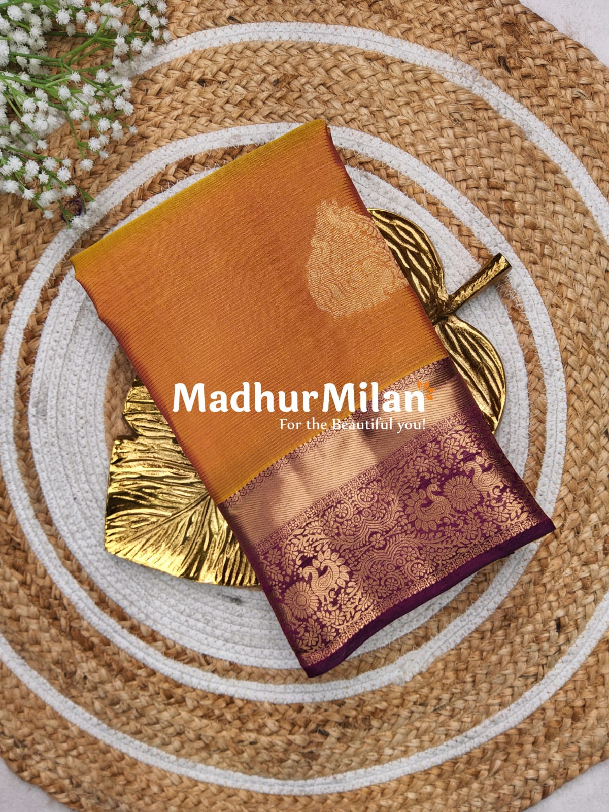 KORVAI MICRO STRIPES LEAF BUTTA SAREE GOLDEN WINE