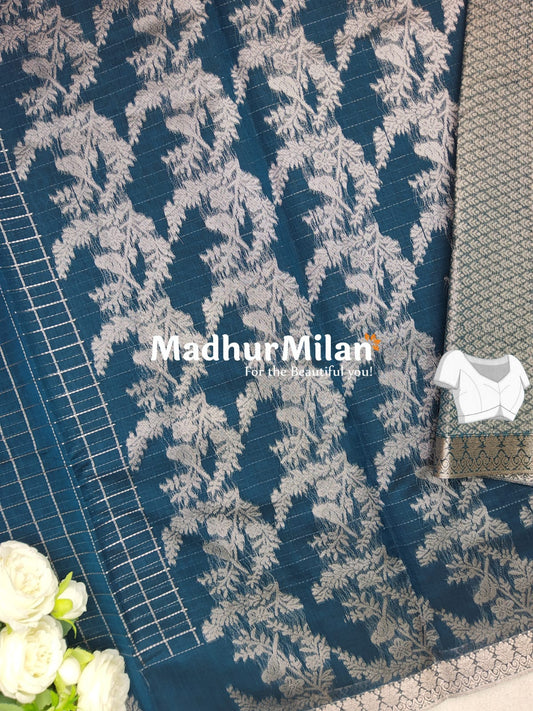 KOVAI MULTY CHECKS BUTTA BORDER SILK COTTON SAREE PRUSSIAN