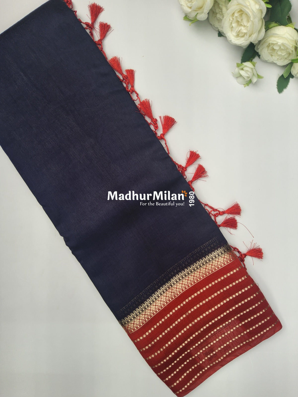 8 LINE BORDER ASSAM SILK SAREE NAVY BLUE RED