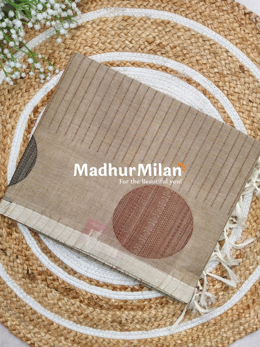 SUTI STRIPED BUTTA BORDER WEAVING COTTON SAREE DUSTY RUST