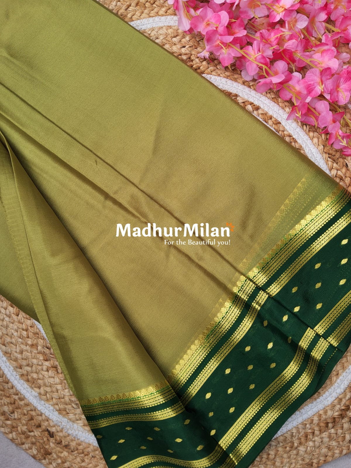 BENTEX BUTTA BORDER PURE CREPE SILK SAREE OLIVE DEEP GREEN