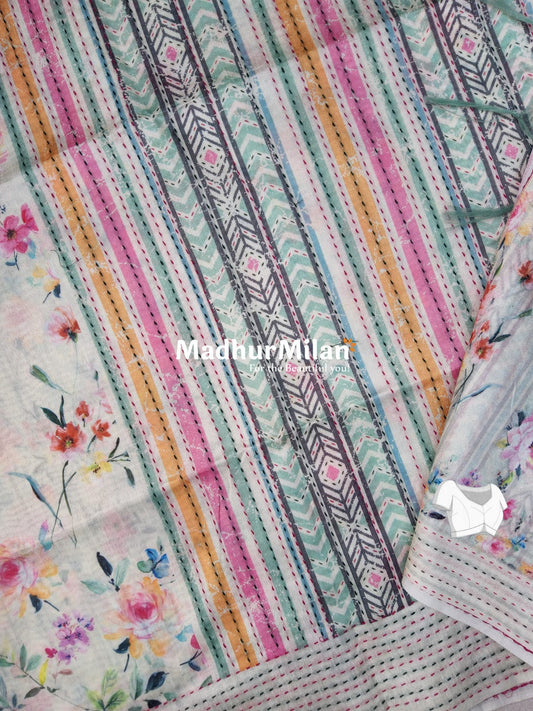 FLORAL KATHA LINE BORDER SEMI TUSSER SILK SAREE CREAM
