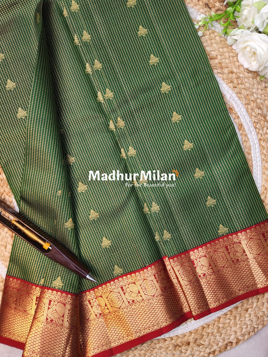KANCHI CHECKS BUTTA BORDER SAREE GREEN RED