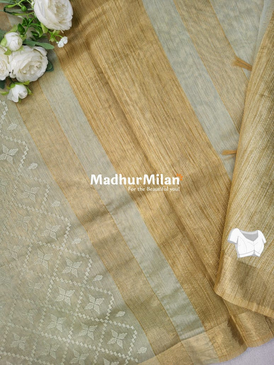 EMBROIDERY KORA SILK COTTON SAREE PISTA
