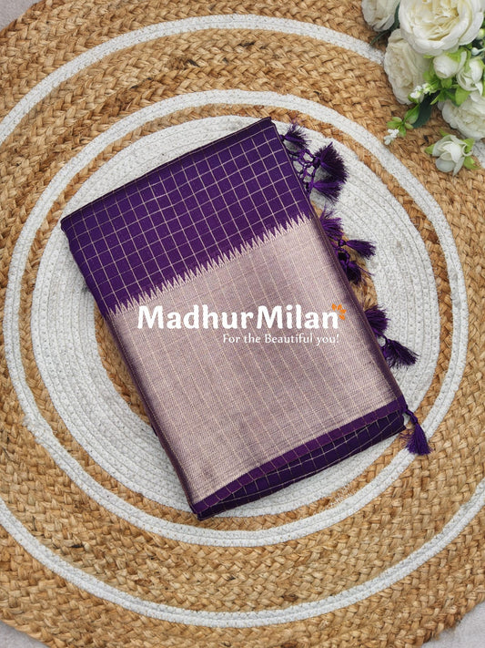 ASSAM SILK MINI CHECKS 7INCH BORDER SAREE PURPLE