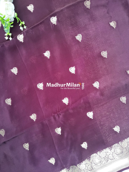 BANARASI BUTTA RUSSIAN CREPE SAREE WINE