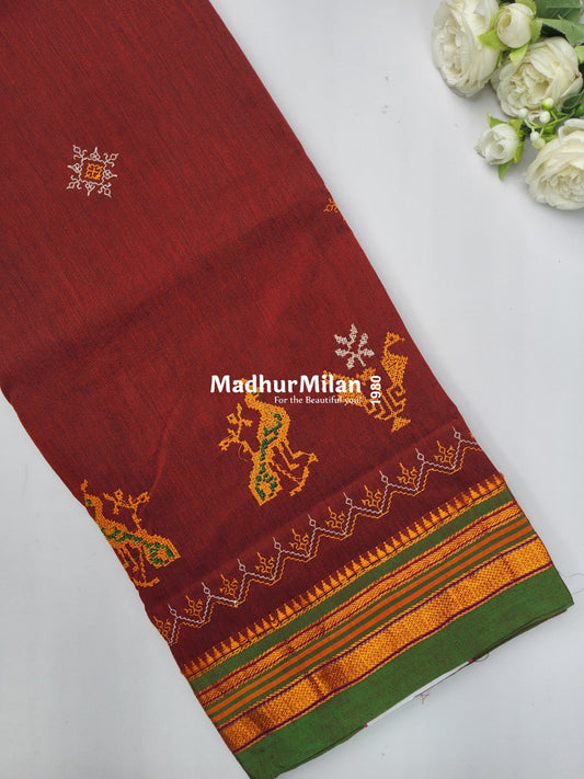 ILKAL PEACOCK KASUTHI WORK SAREE RED