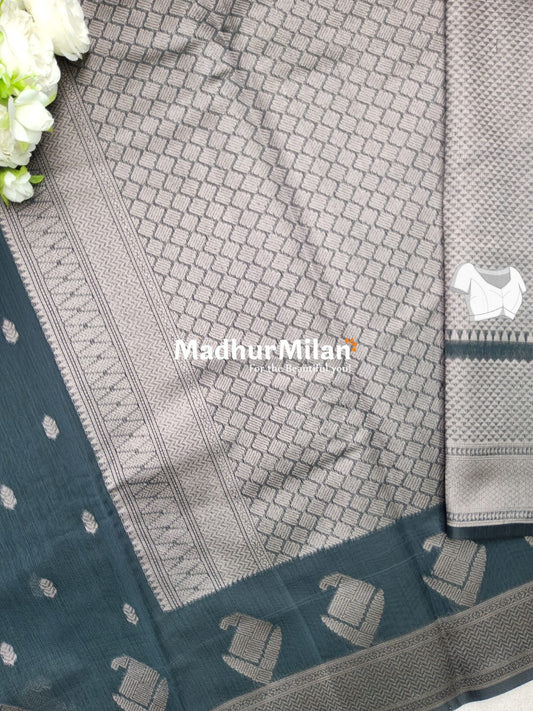 KOVAI BET BUTTA BORDER SILK COTTON SAREE GREY