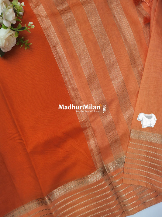 8 LINE BORDER ASSAM SILK SAREE ORANGE