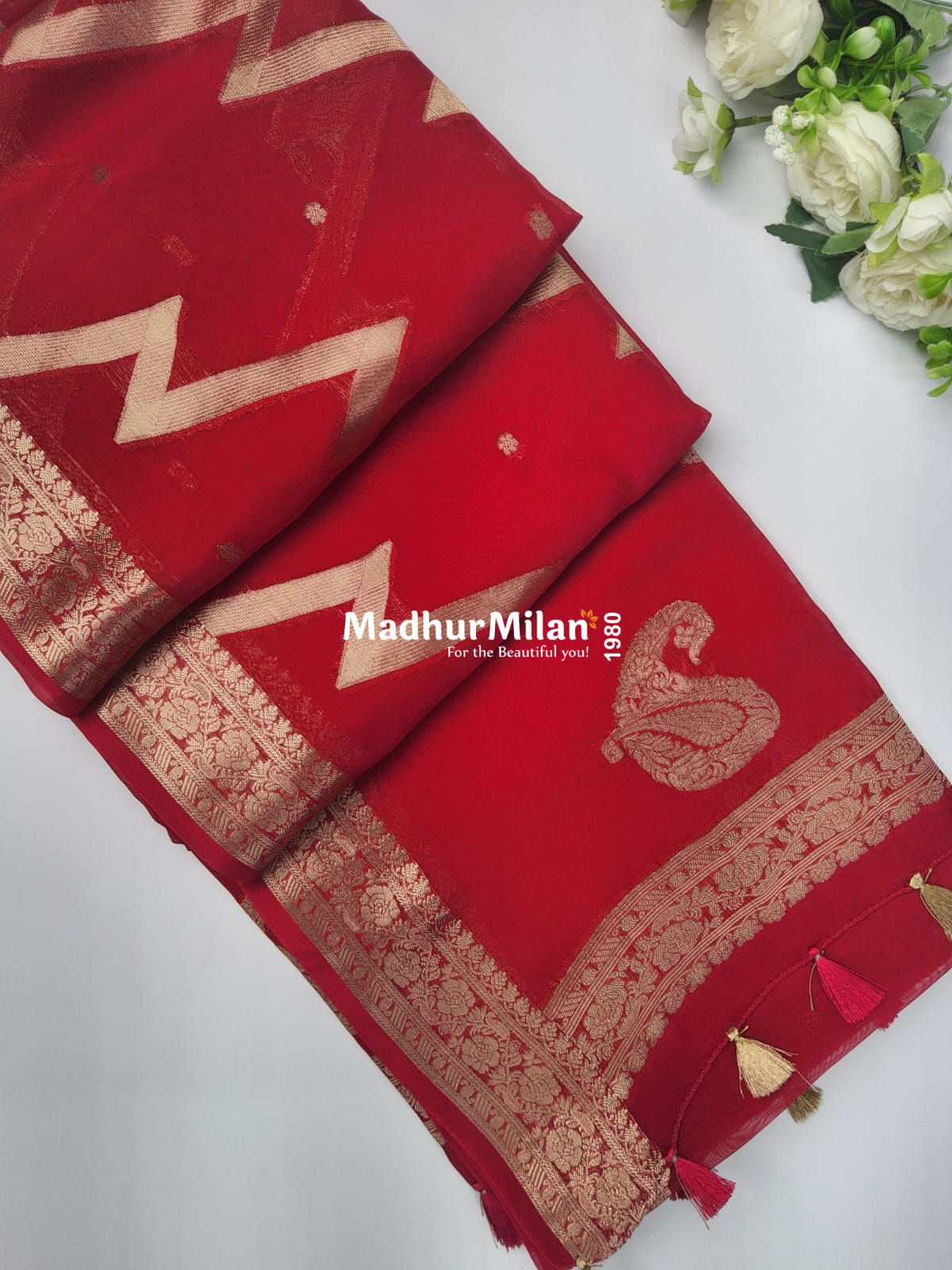 BANARASI ZIG ZAG RUSSIAN CREPE SAREE PINK