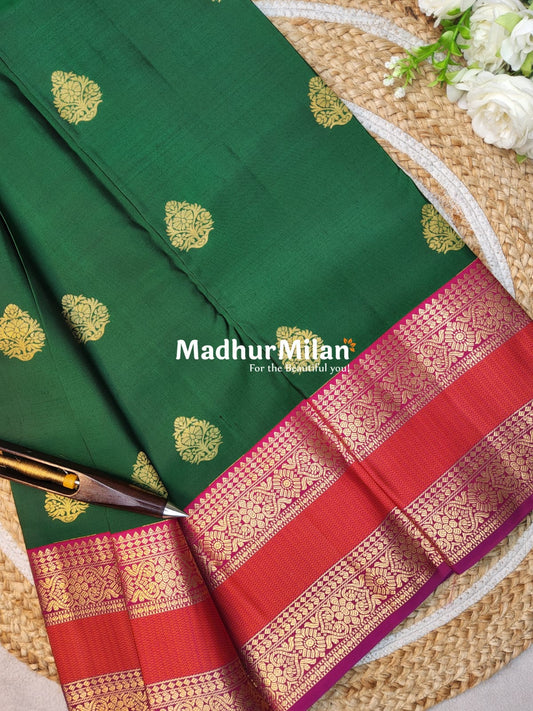 KANCHI BUTTA BENTEX BORDER SAREE GREEN PINK