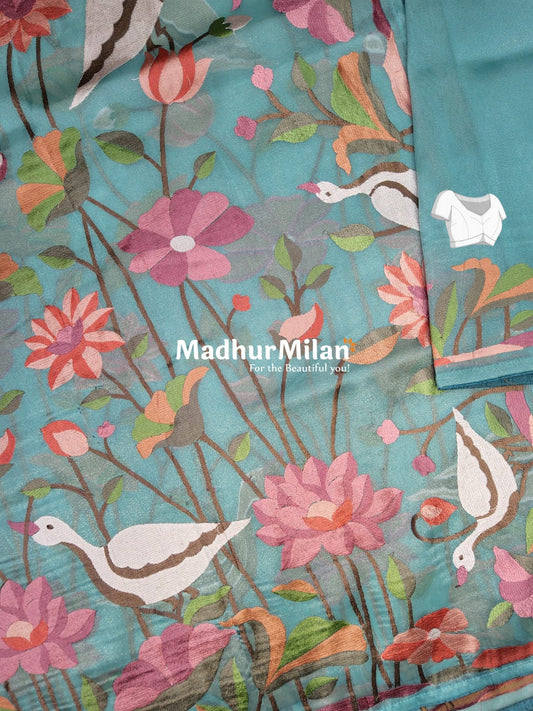 FLAMINGO EMBROIDERY WORK TISSUE ORGANZA SAREE DUSTY RAMA