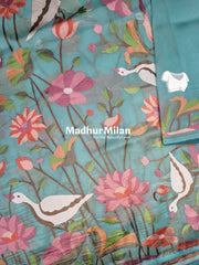 FLAMINGO EMBROIDERY WORK TISSUE ORGANZA SAREE DUSTY RAMA