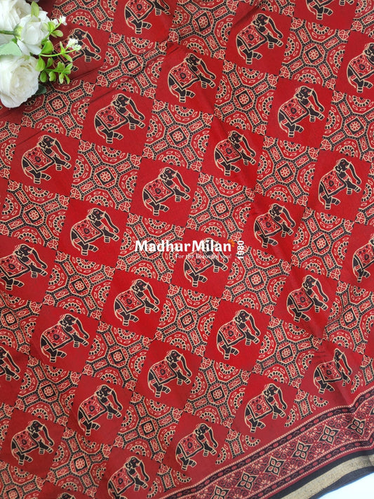 AJRAK PRINT KAJU SILK SAREE RED