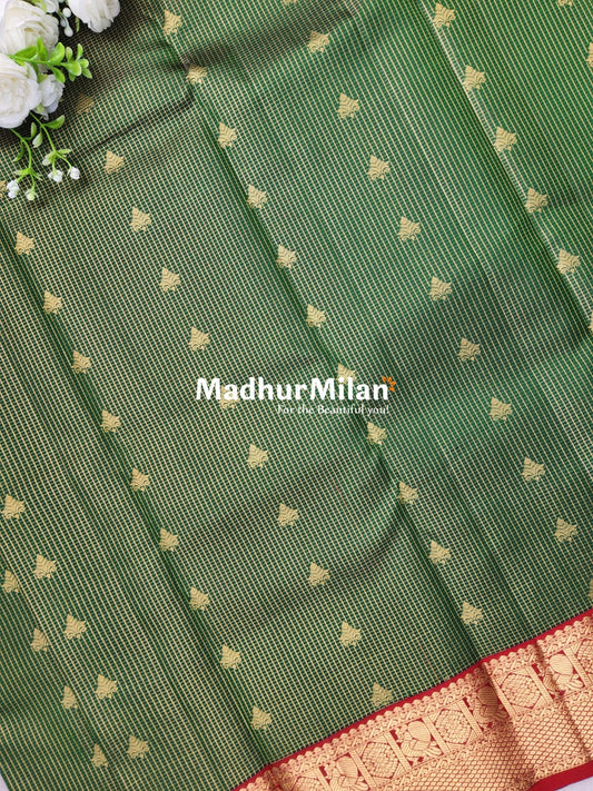 KANCHI CHECKS BUTTA BORDER SAREE GREEN RED
