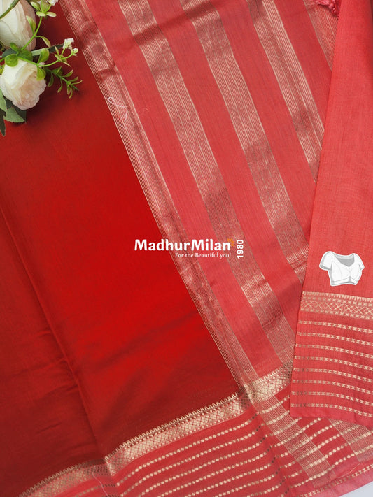 8 LINE BORDER ASSAM SILK SAREE RED PEACH