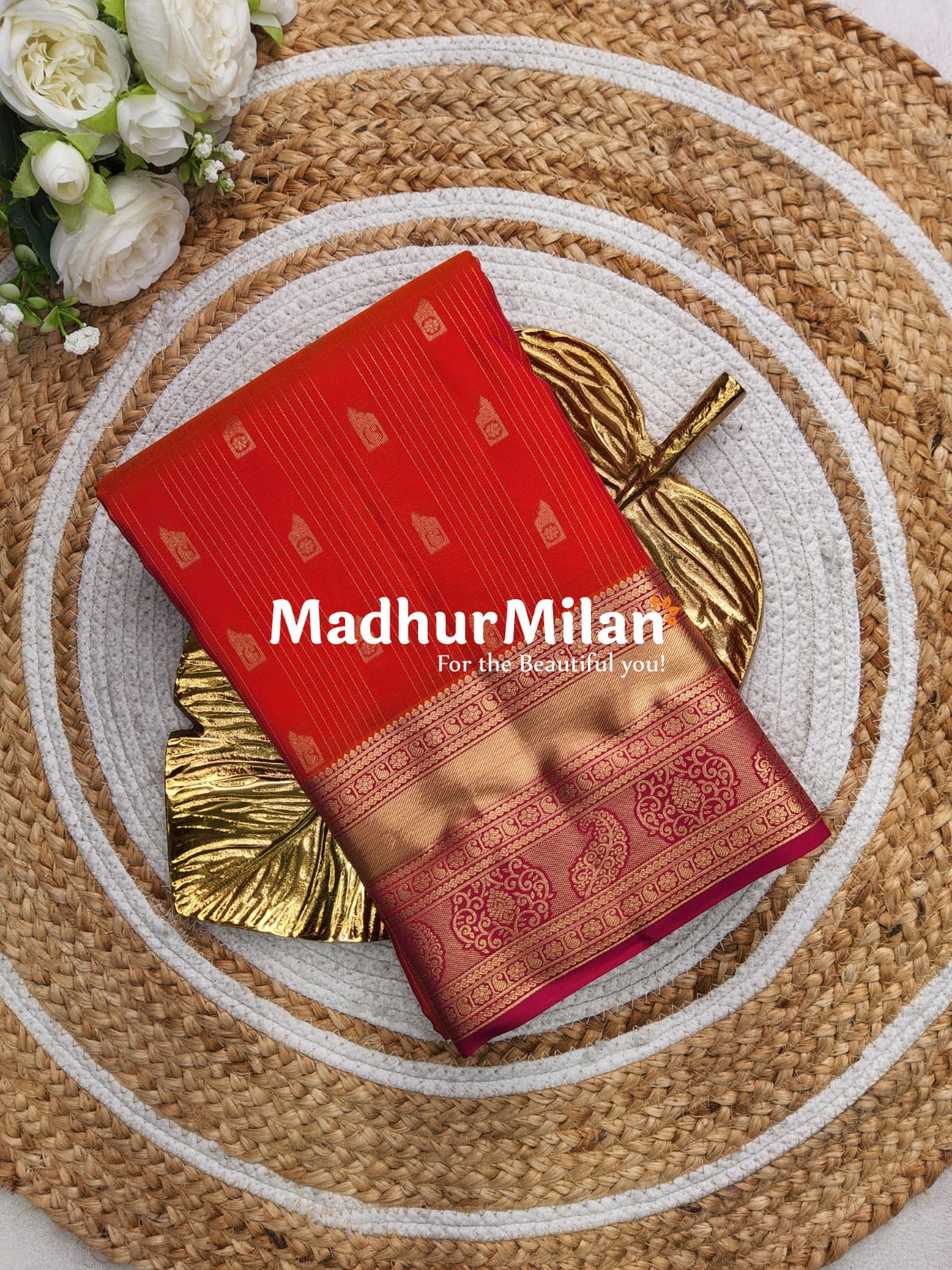 MULTY STRIPES BUTTI BORDER SAREE ORANGE PINK