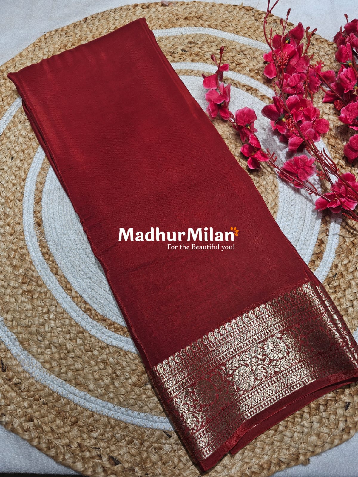 MAYA BANARASI CREPE PLAIN BODY GOLD JARI BORDER SAREE BRICK RED