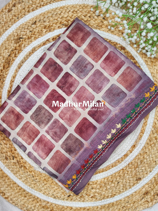 CHANDERI PRINTED WORK SAREE BROWN