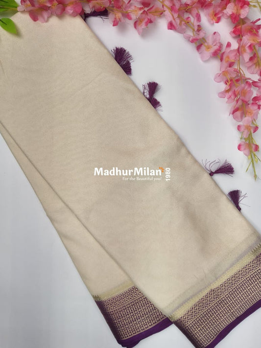 SEMI CREPE SILK SAREE CREAM PURPLE