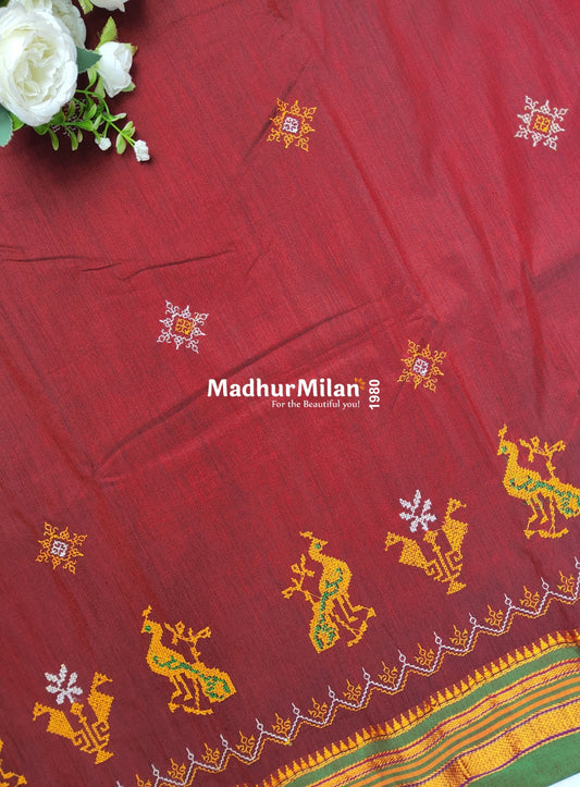 ILKAL PEACOCK KASUTHI WORK SAREE RED