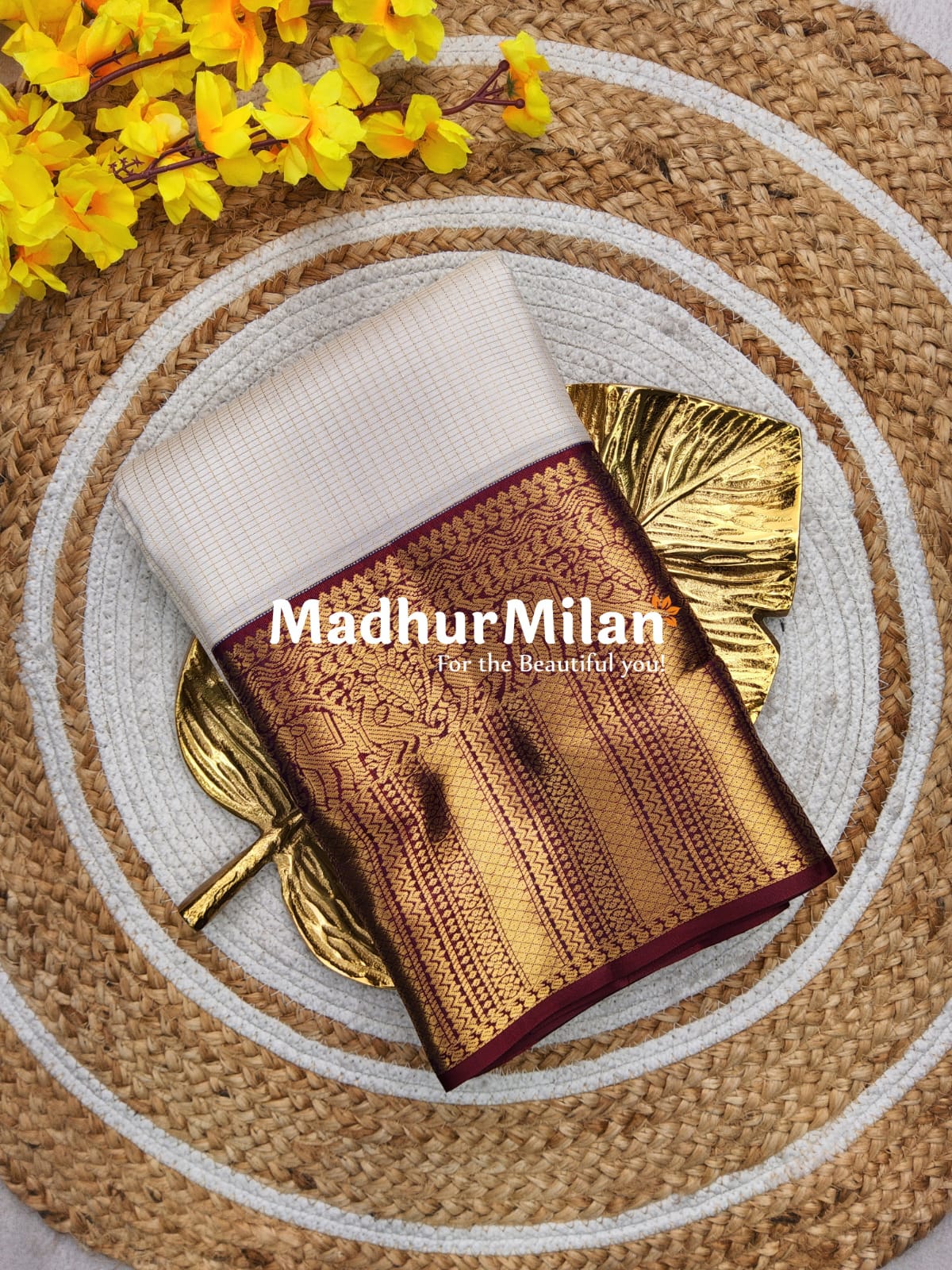 KORVAI MICRO CHECKS SAREE CREAM WINE