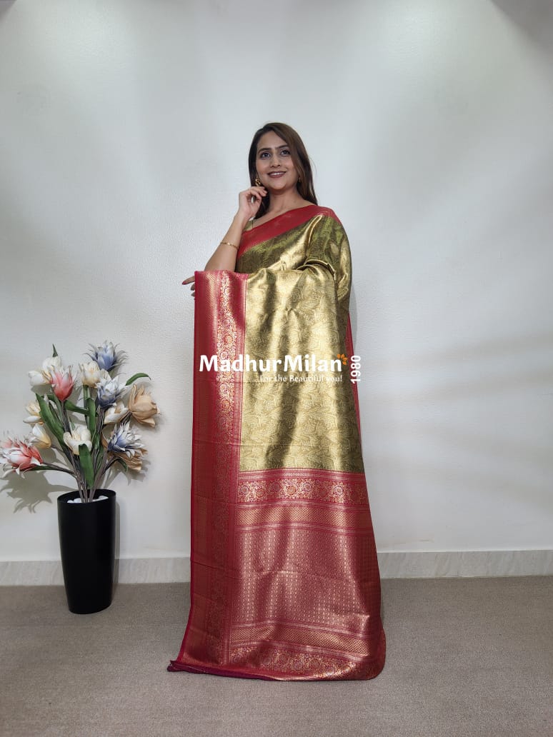 INDRA TISSUE SILK SAREE GOLDEN BROWN PINK
