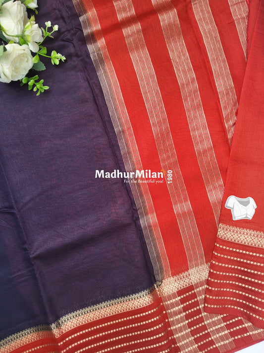 8 LINE BORDER ASSAM SILK SAREE NAVY BLUE RED