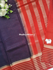 8 LINE BORDER ASSAM SILK SAREE NAVY BLUE RED