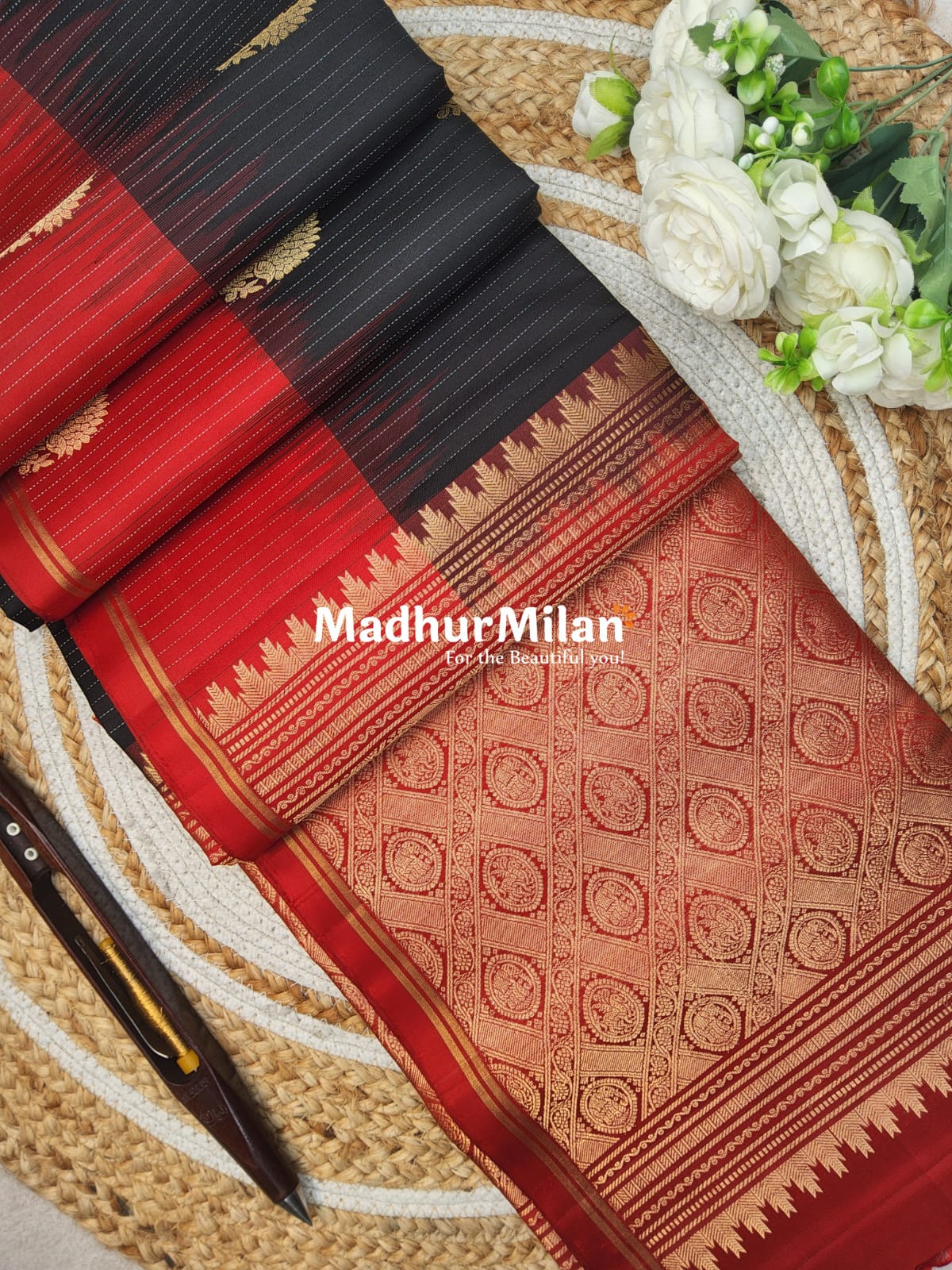 STRIPES BUTTA SOFT SILK SAREE BLACK RED