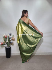 INDRA TISSUE SILK SAREE GOLDEN GREEN DARK GREEN