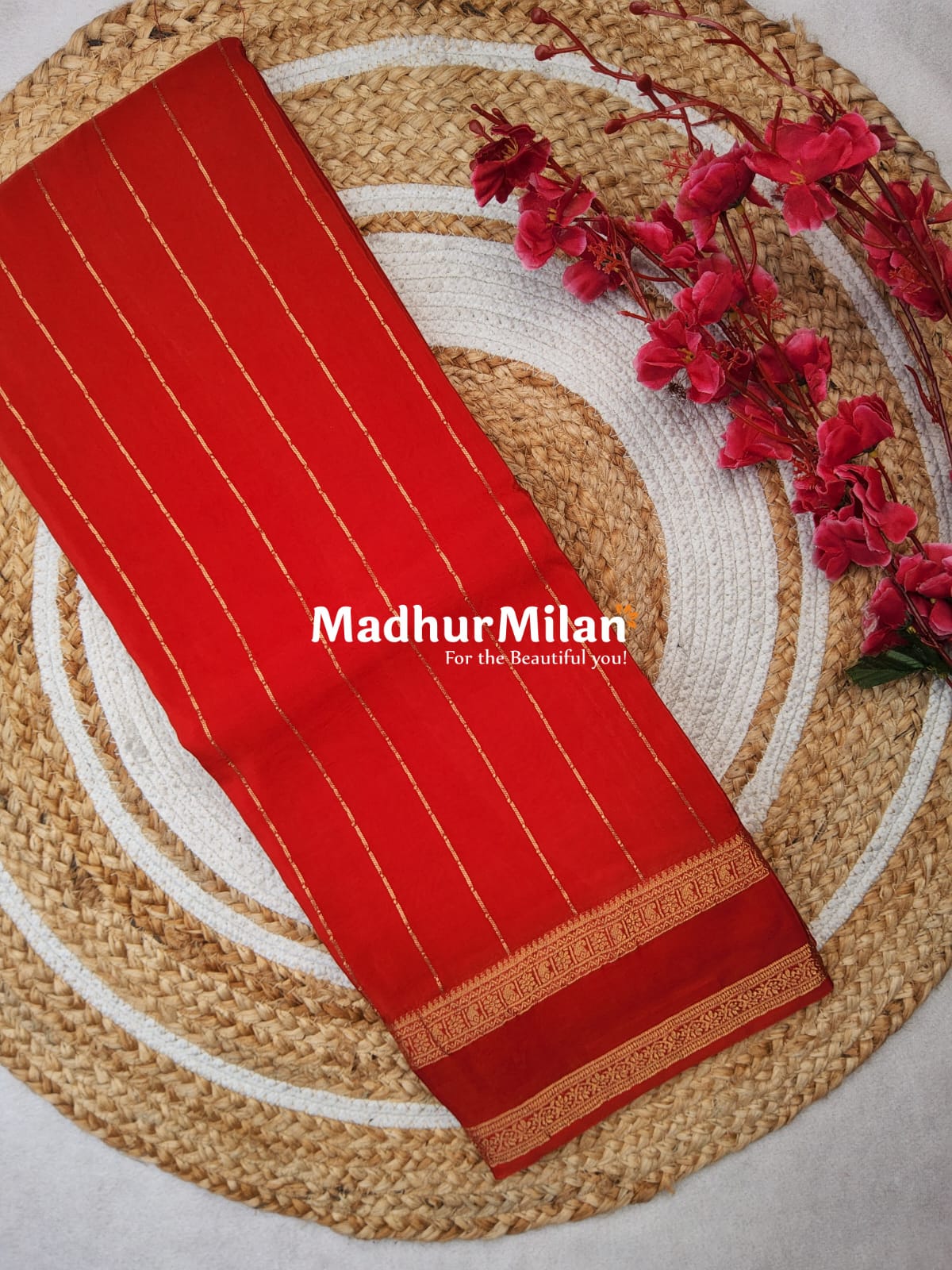MAYRA BANARASI CREPE BENTEX BORDER GOLD JARI SAREE RICH RED